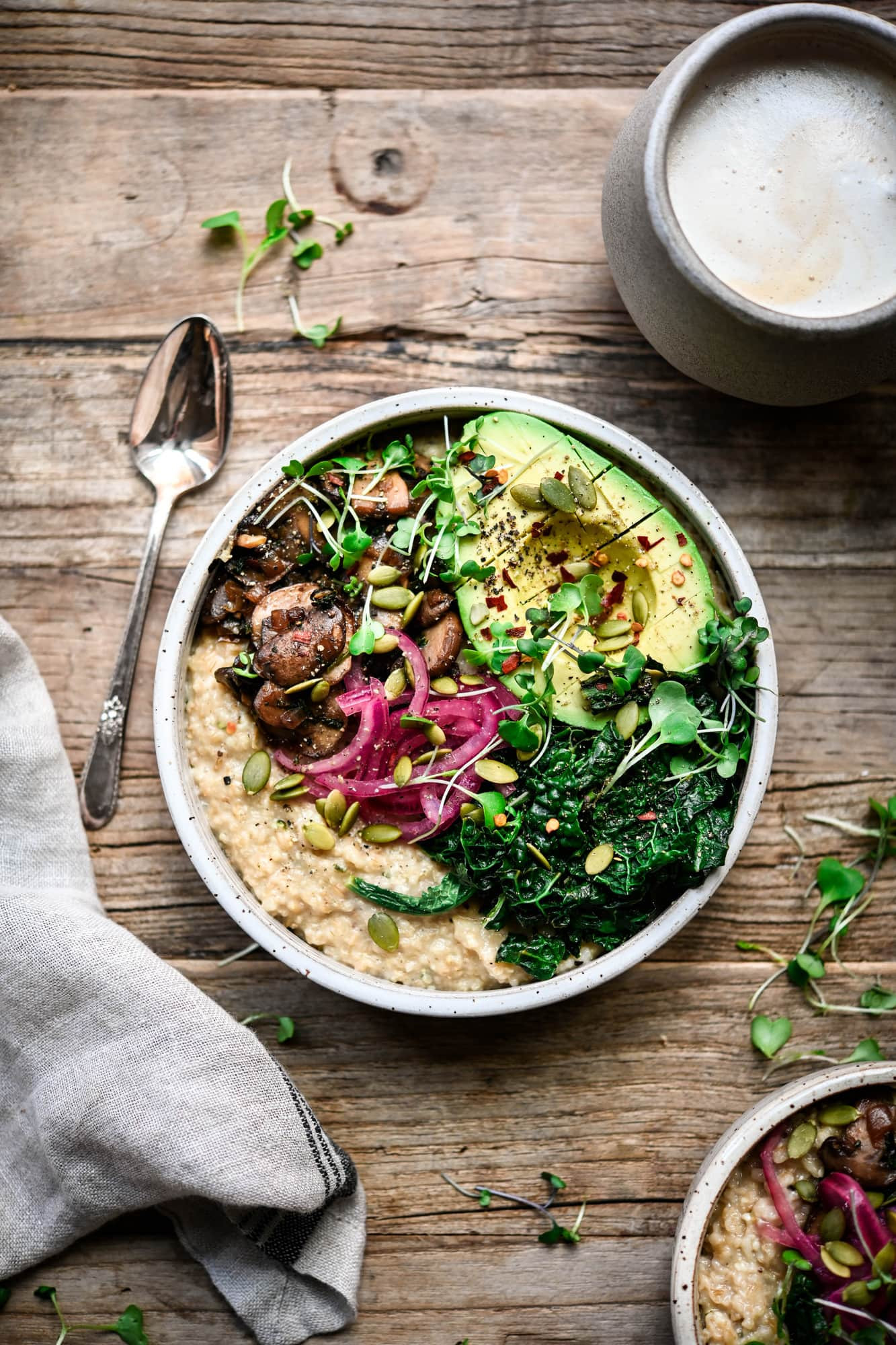SAVORY VEGAN OATMEAL WITH MUSHROOMS, KALE AND AVOCADO Recipe from savorykitchen.com