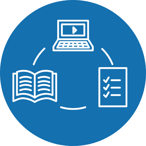 blue icon with a computer and book and checklist in a cycle pattern
