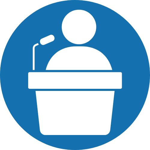 blue icon with someone at a podium 