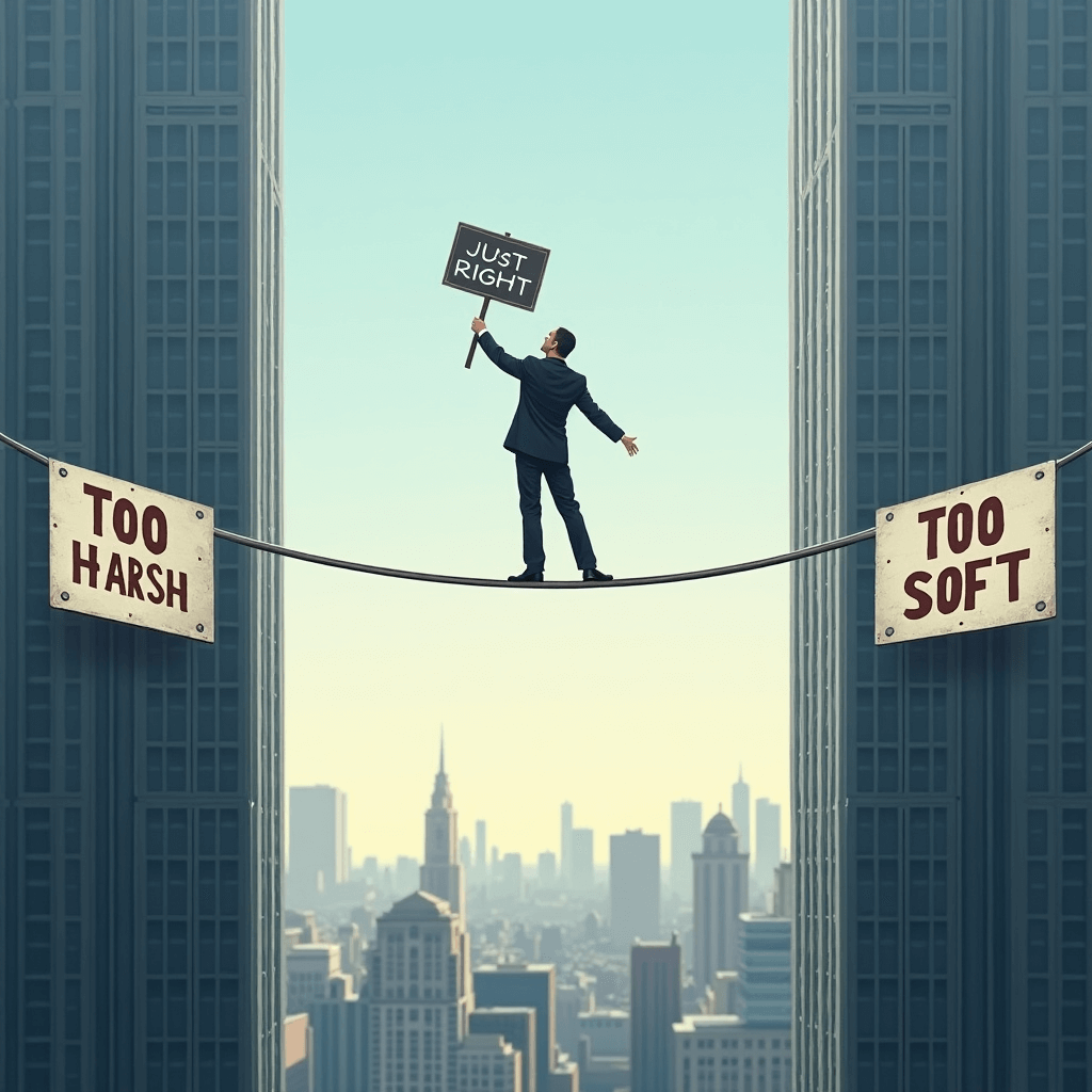 A determined business leader balancing on a tightrope stretched between two skyscrapers labeled "Too Harsh" and "Too Soft", holding a sign that says "Just Right