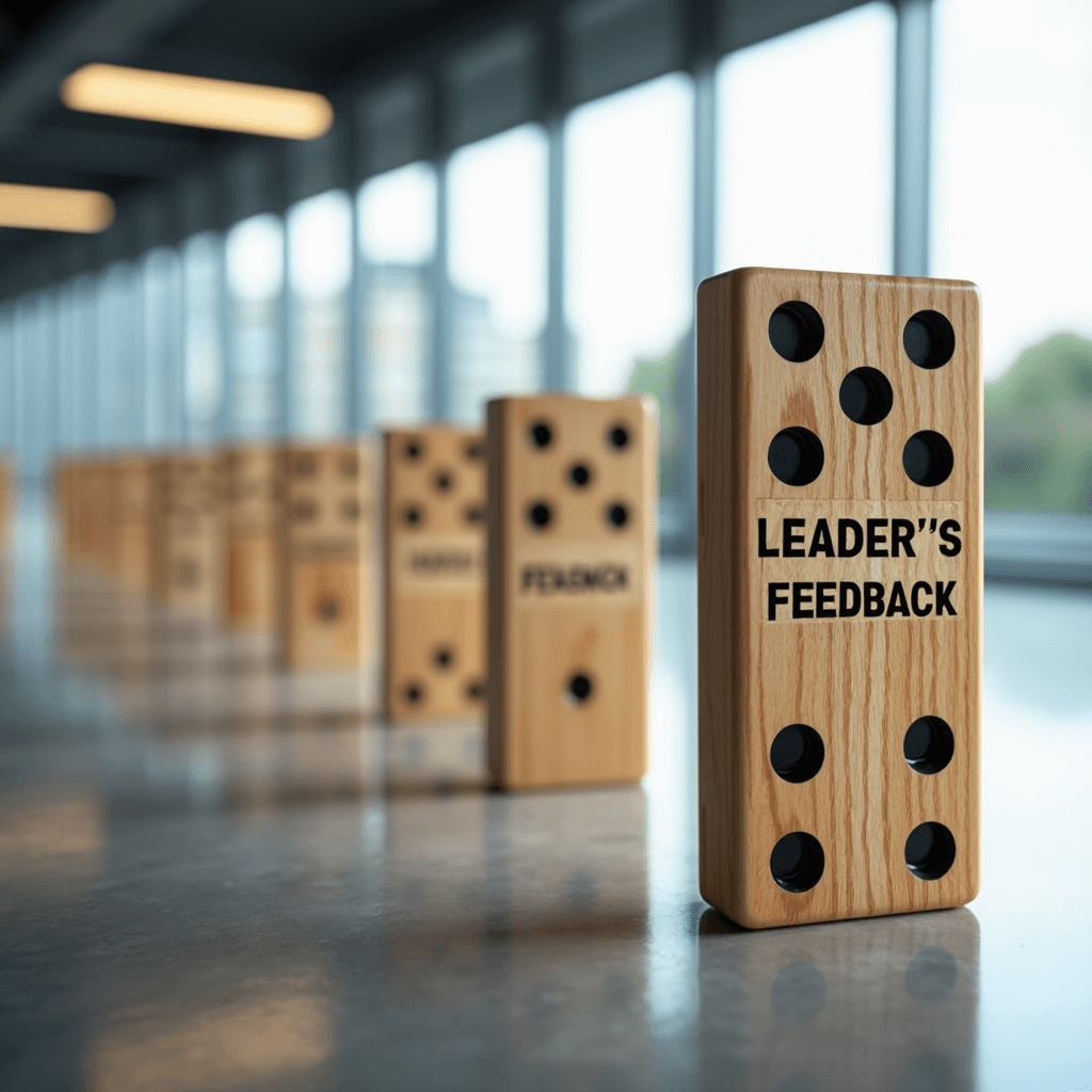 An elaborate domino setup in an office environment. The first domino, labeled "Leader's Feedback", is falling and setting off a chain reaction of positive changes represented by subsequent dominos