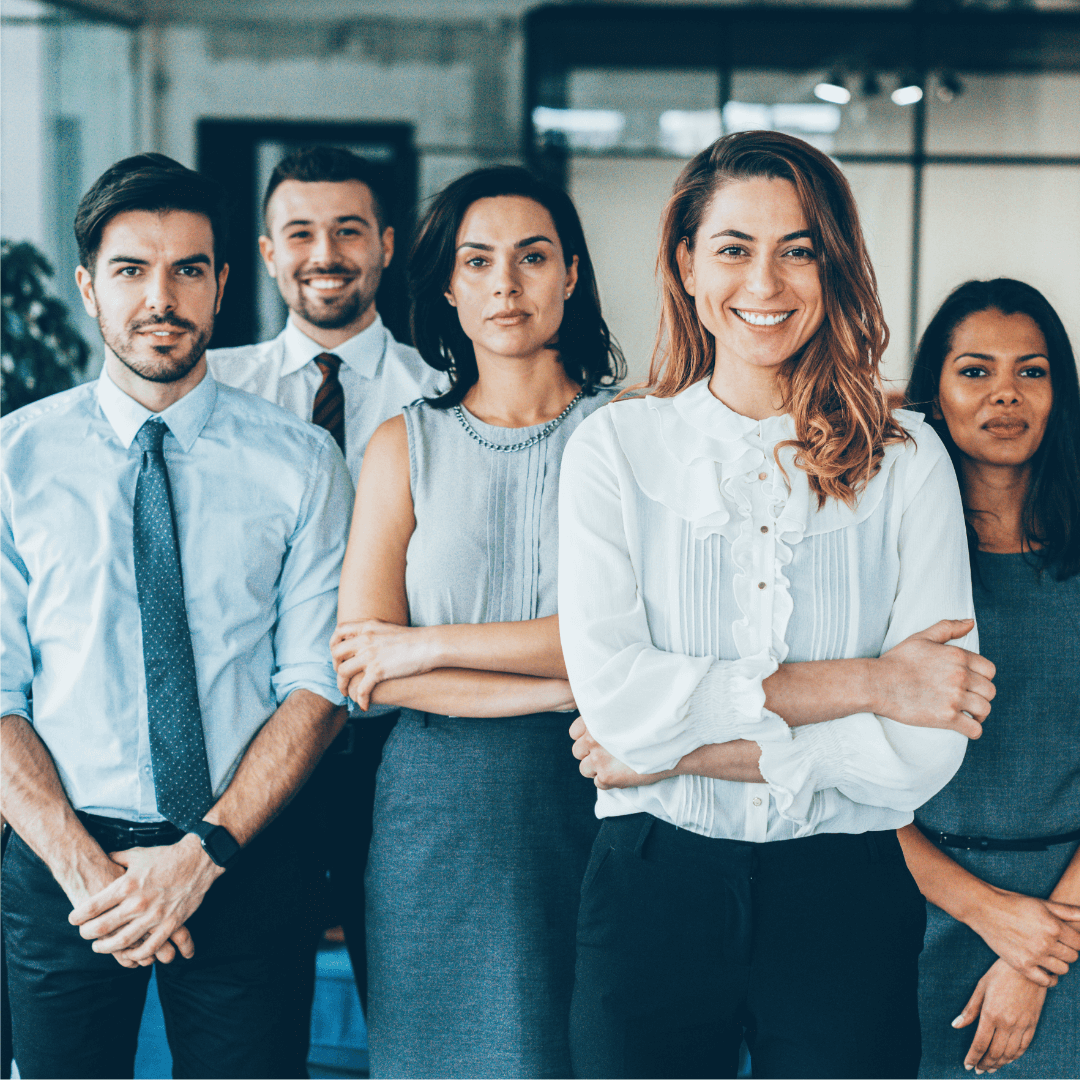 Group of resilient organizational employees standing in confidence with trust and success.