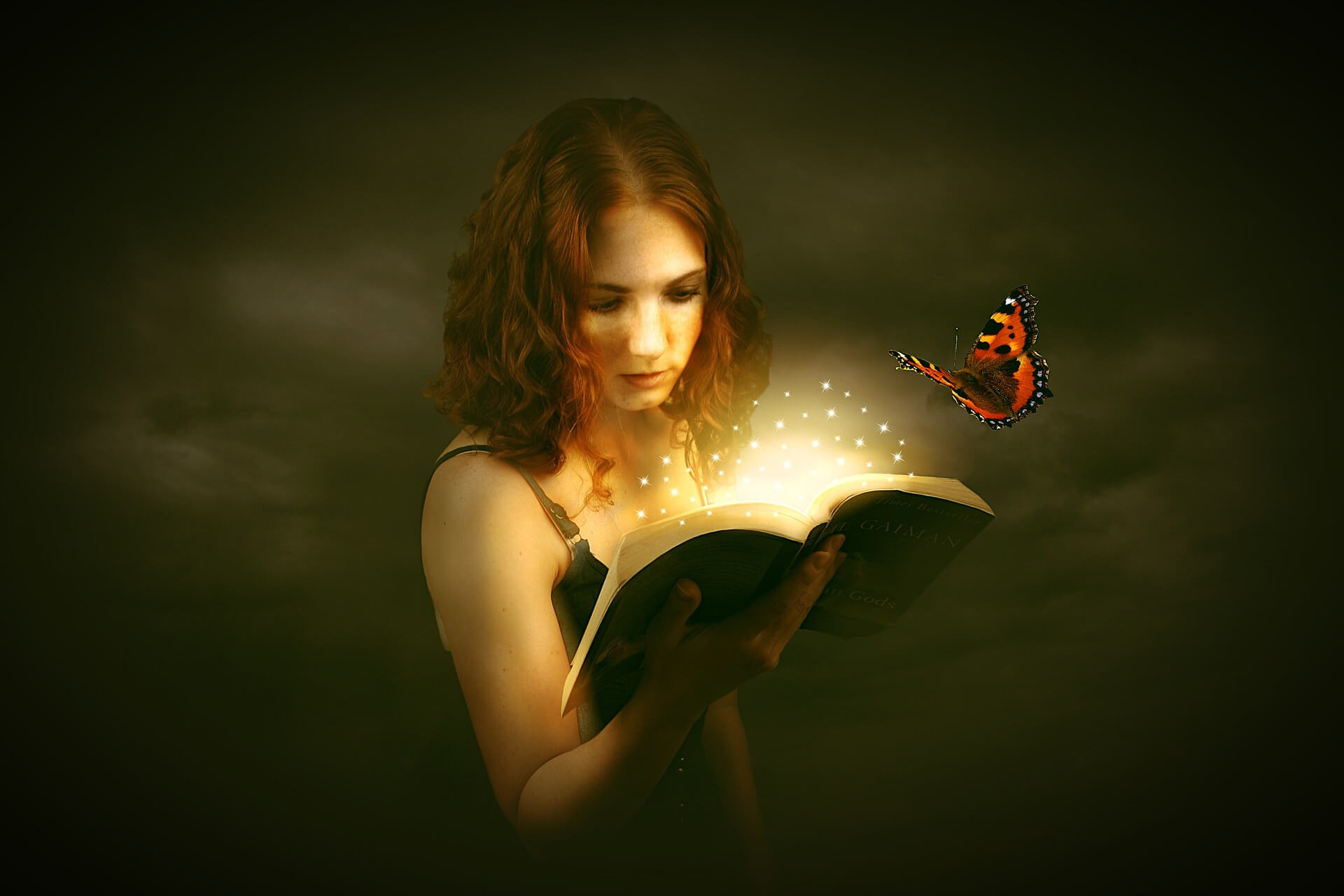 woman reading and butterfly