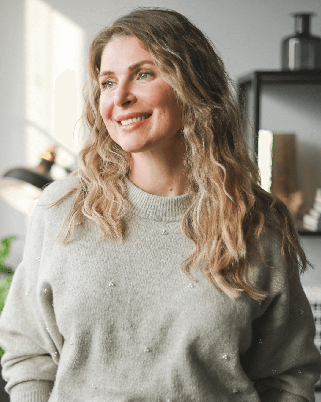  Relaxed woman looking calm and present, representing support for stress, anxiety, and overthinking