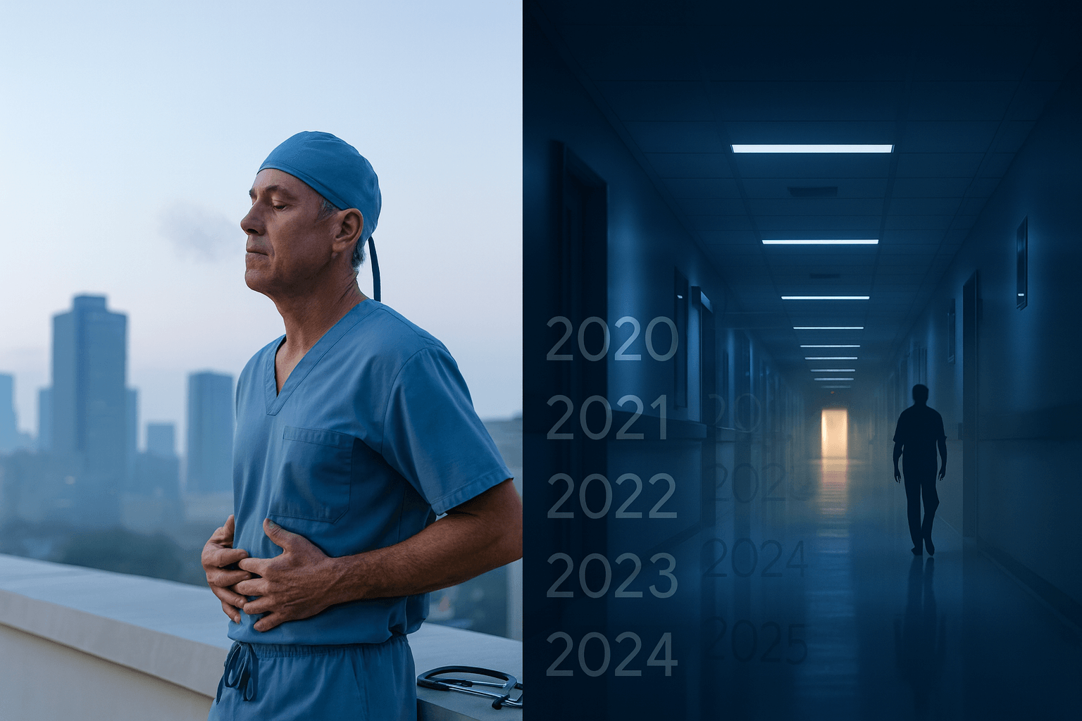  If keeping the current image: “Physician in scrubs practicing deep breathing at dawn; adjacent dim hospital corridor with years 2020–2025 faintly visible.”
