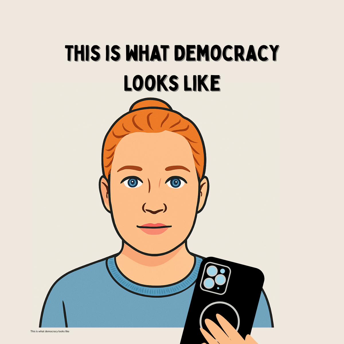  Illustration of a calm woman holding a phone. The caption reads “This Is What Democracy Looks Like.”