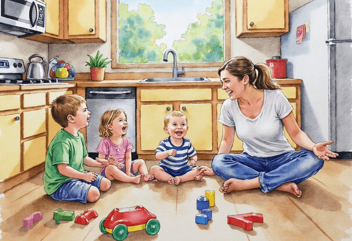 Mother enjoying time with children instead of focusing on chores.