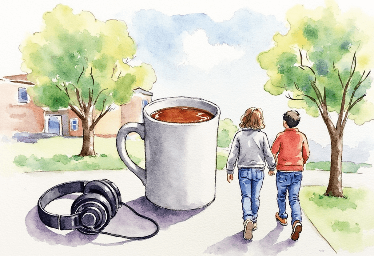  mug of tea, headphones, and a couple holding hands walking outside
