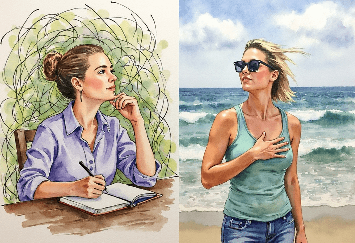  Illustration of overthinking mind contrasted with calm body awareness.