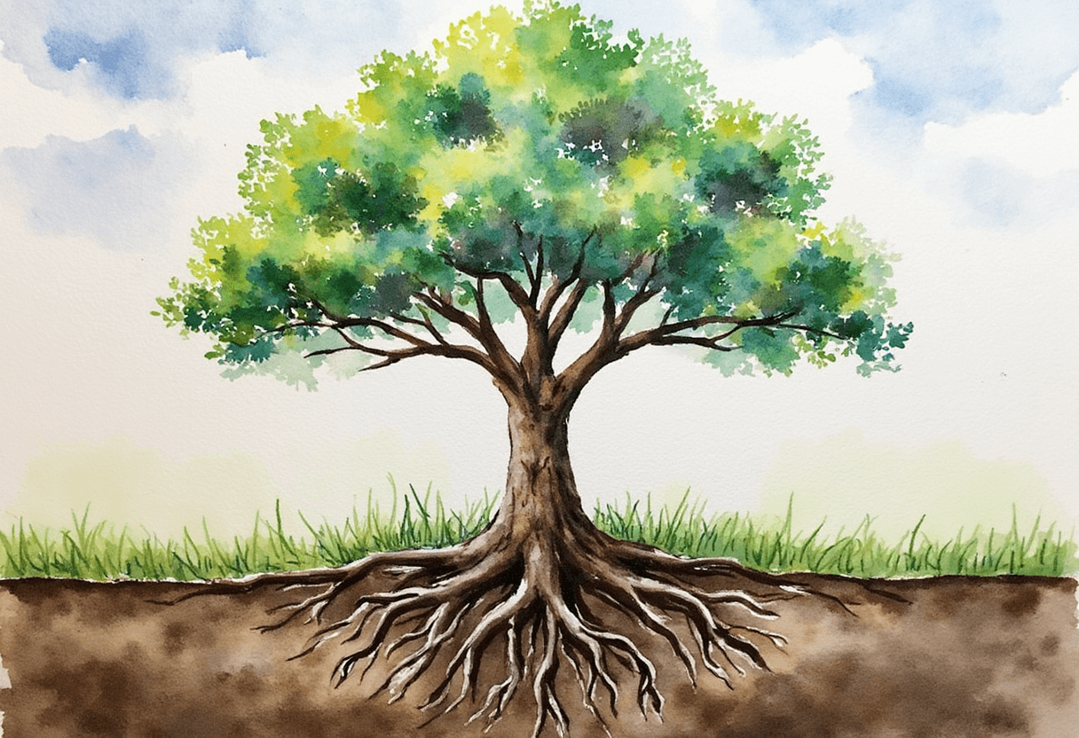 Grounded tree with roots representing inner strength and body wisdom.