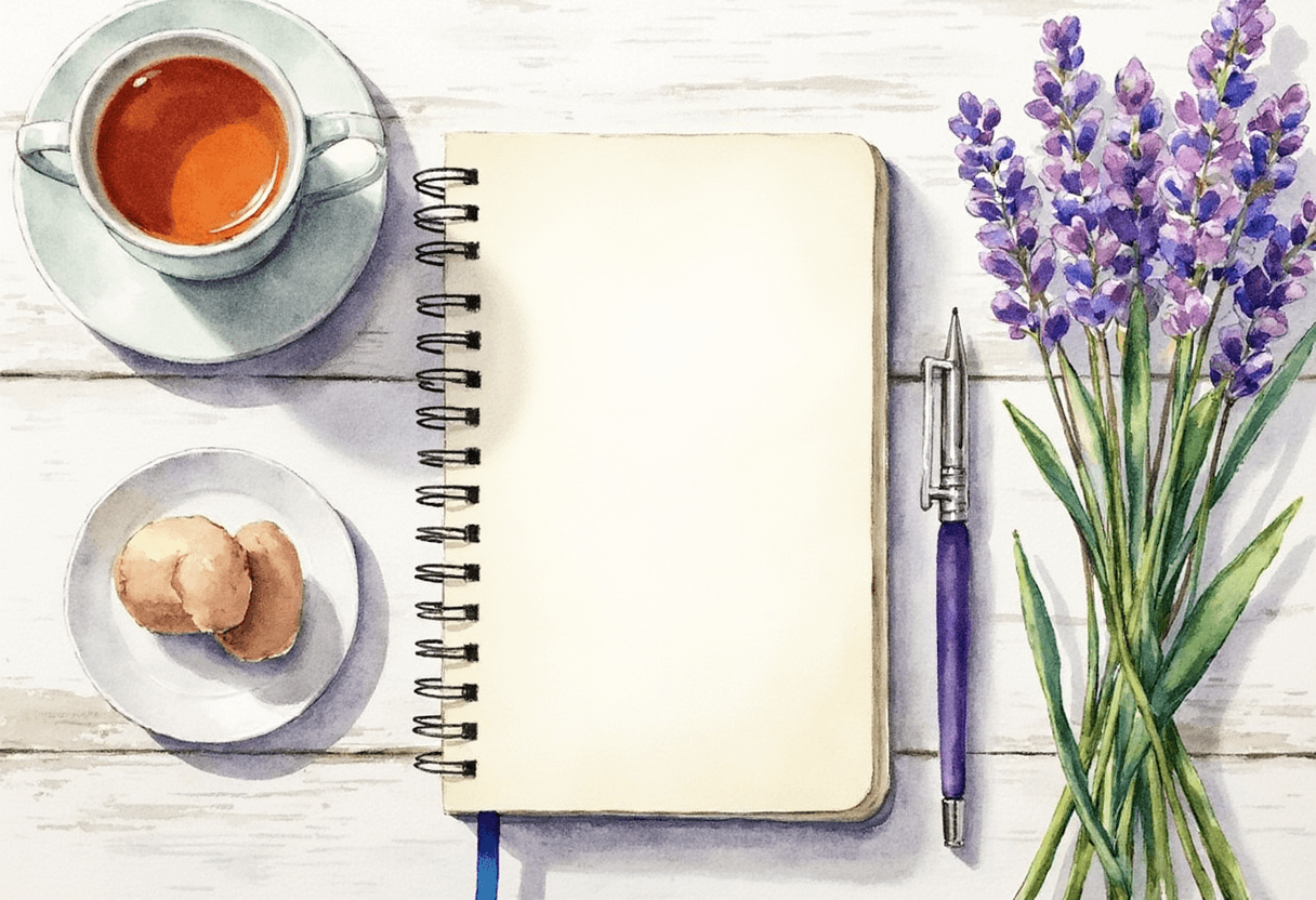  Calm journaling setup with tea and lavender.