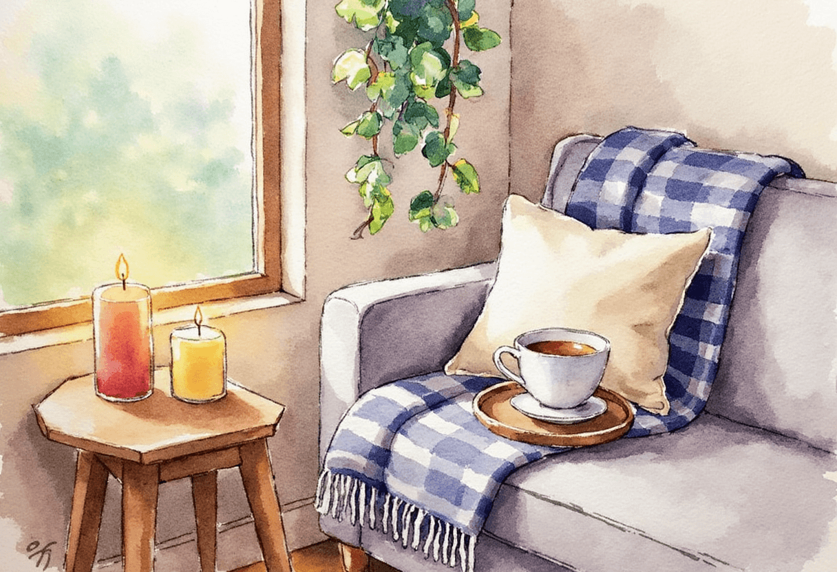 Comfort corner with candle and blanket for emotional self-care.