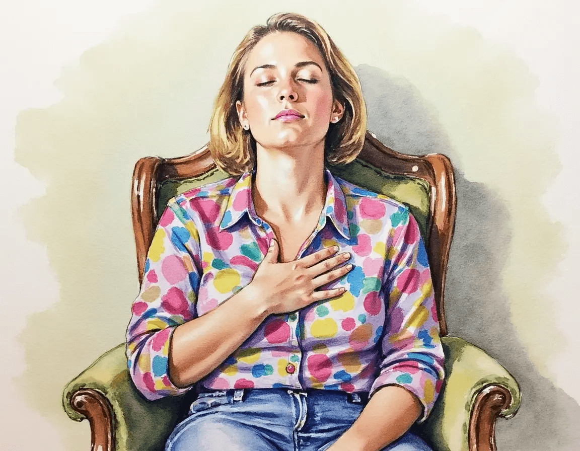 Hands on heart during mindful breathing for burnout recovery