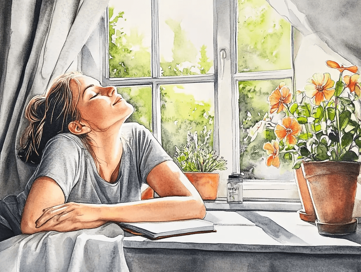 Woman practicing mindful rest for burnout recovery with journal in morning light