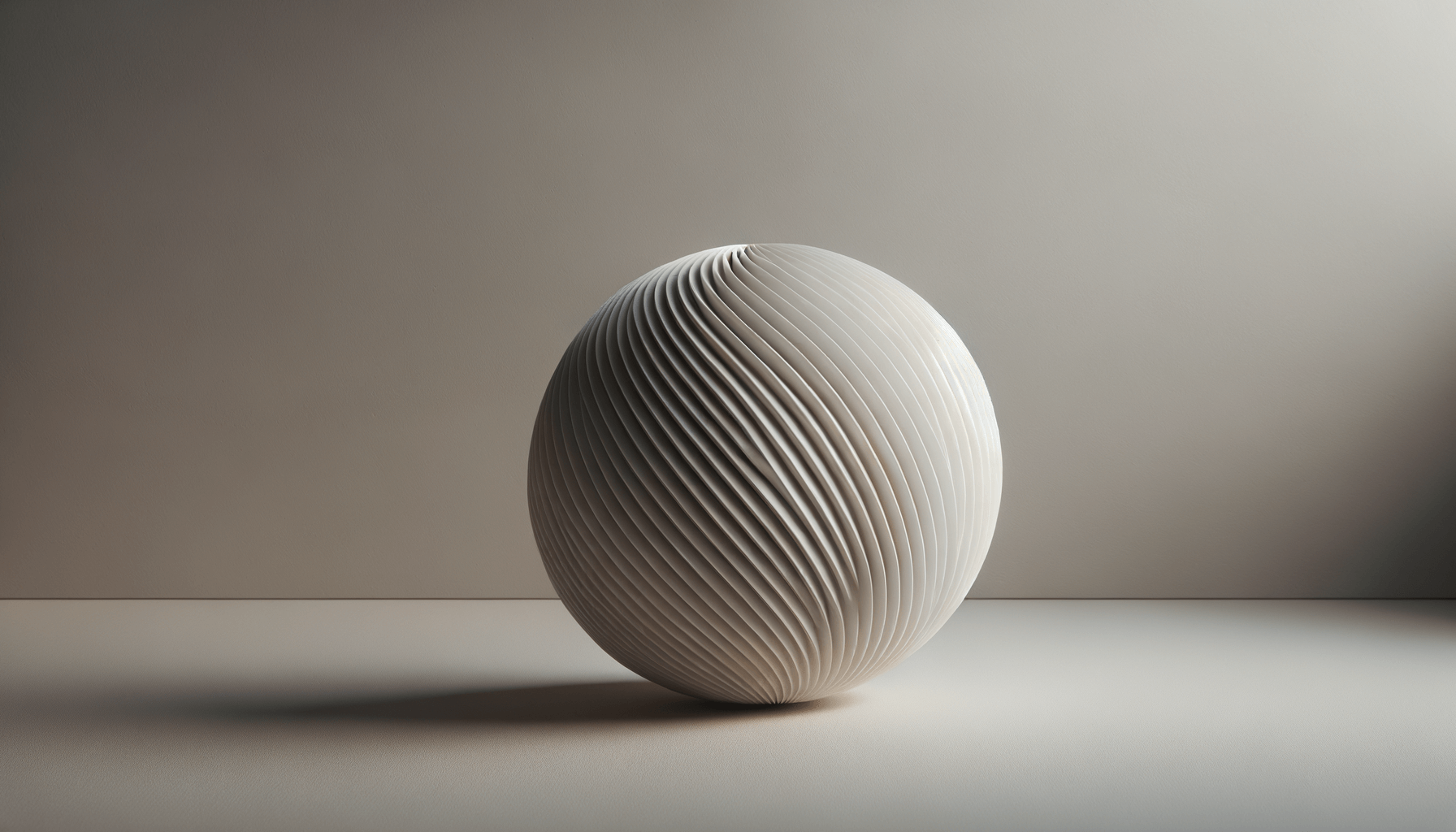 A white, spherical decorative object with a textured, spiral pattern sits on a light-colored surface with a soft shadow. The background is plain and neutral.