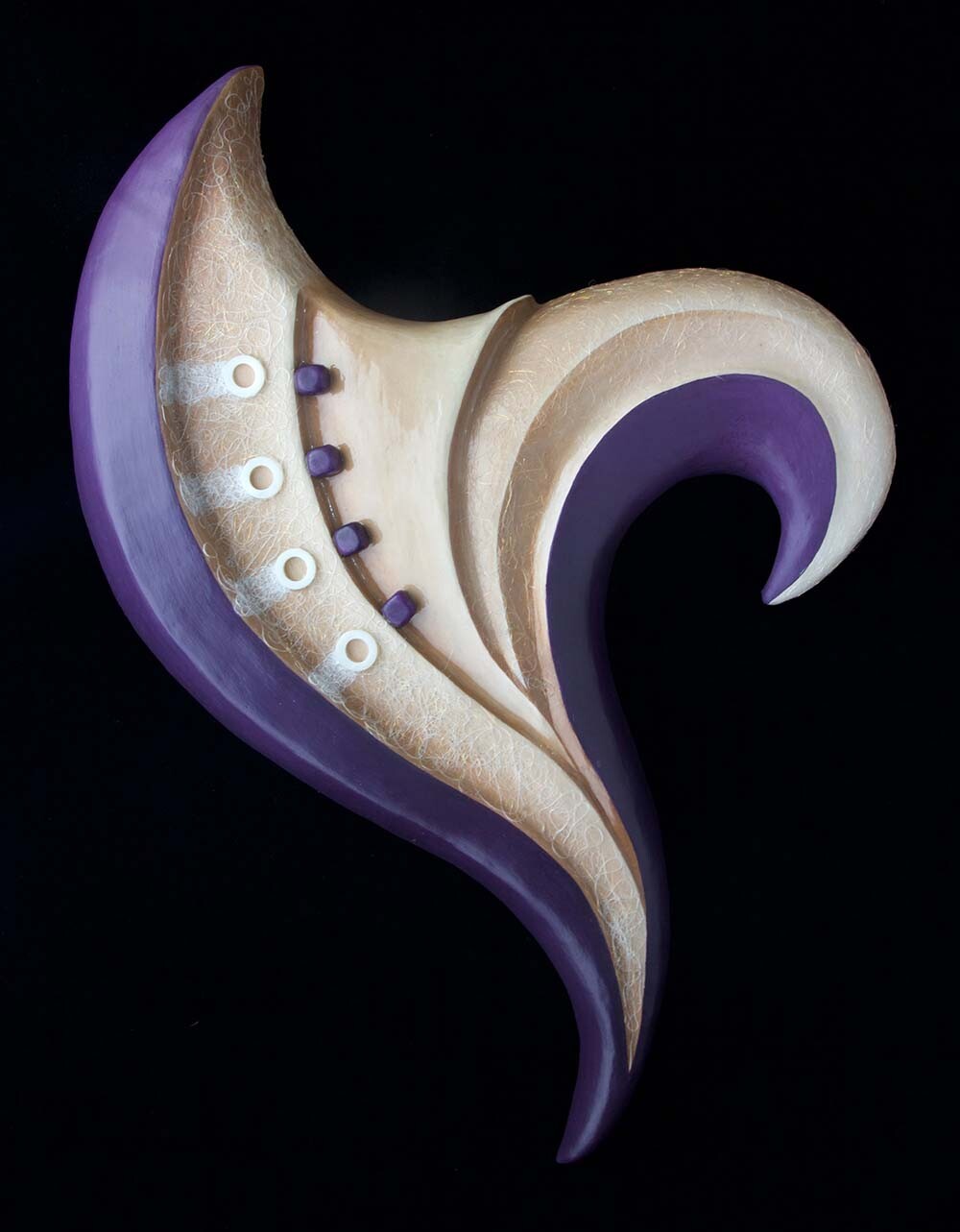 picture of sculpture:  2.3 Harp (musical instrument) 17.5" x 13" x 2” acrylic paint, fiber, fiberglass, stones