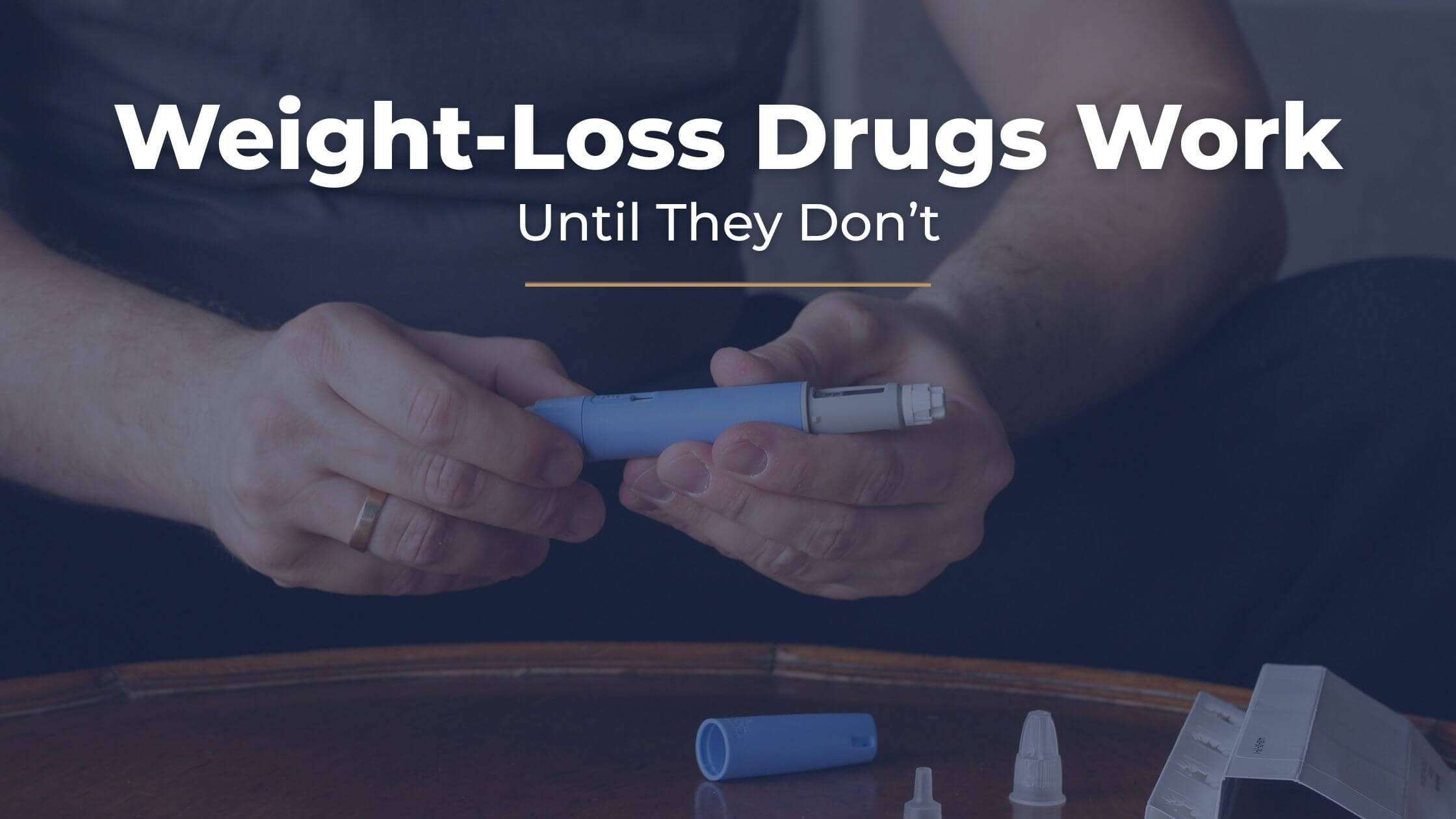  Hands holding a weight-loss drug injection pen, with the text “Weight-Loss Drugs Work — Until They Don’t” displayed above.